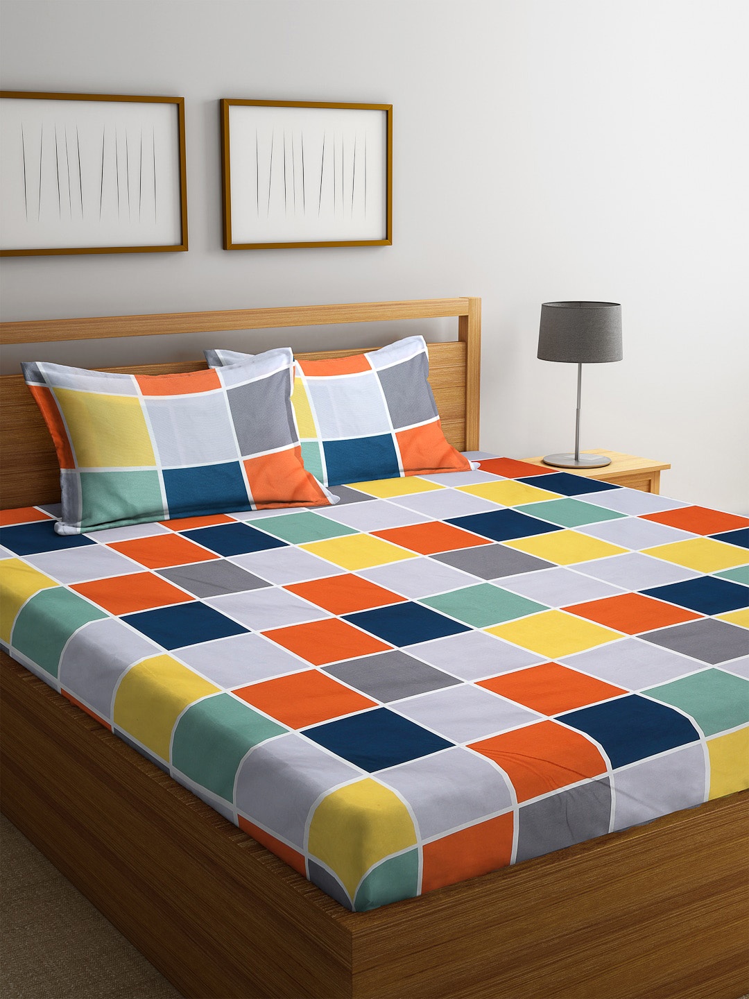 

Home Sizzler Multicoloured Geometric 144 TC Polyester 1 Queen Bedsheet with 2 Pillow Covers, Multi