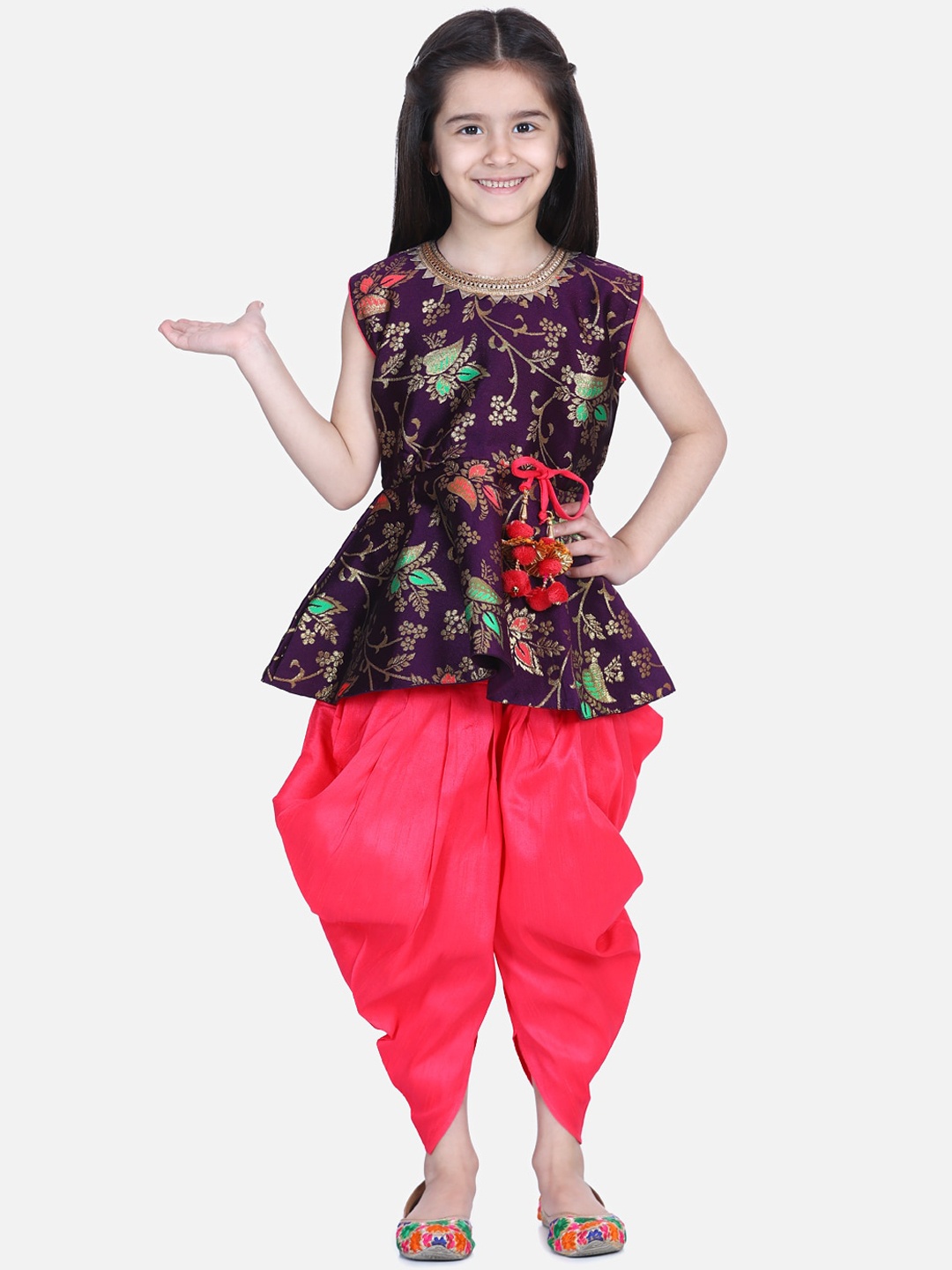 BownBee Girls Purple & Pink Printed Kurti with Dhoti Pants