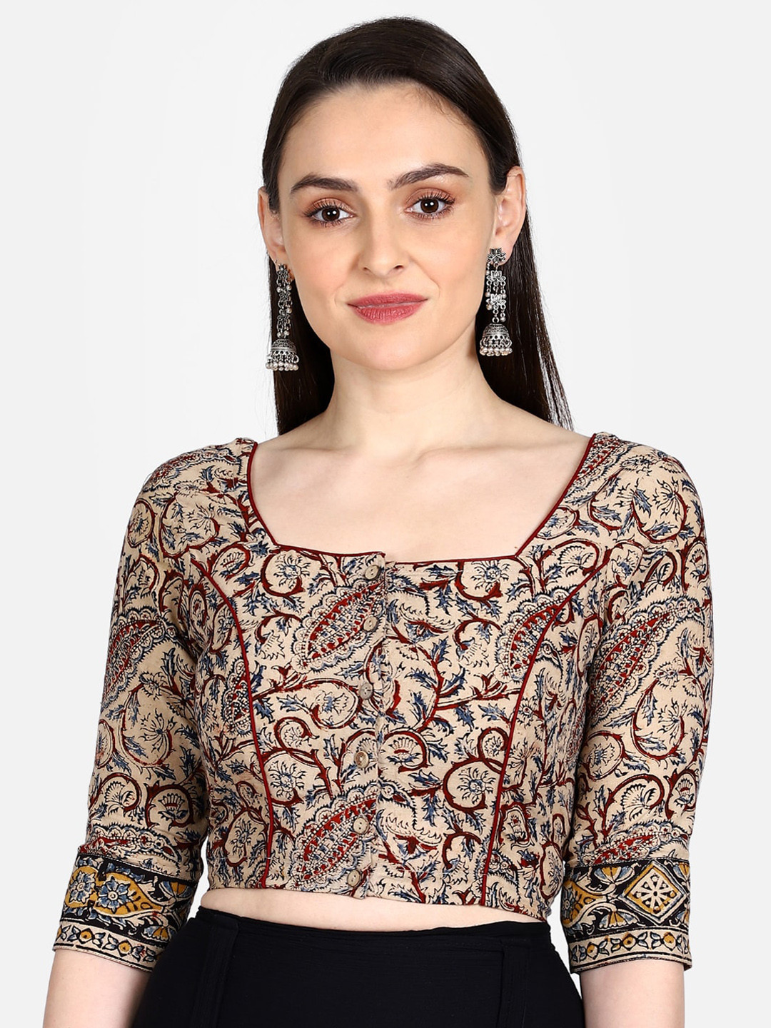 

THE WEAVE TRAVELLER Women Maroon & Beige Kalamkari Printed Non-Padded Readymade Sustainable Saree Blouse