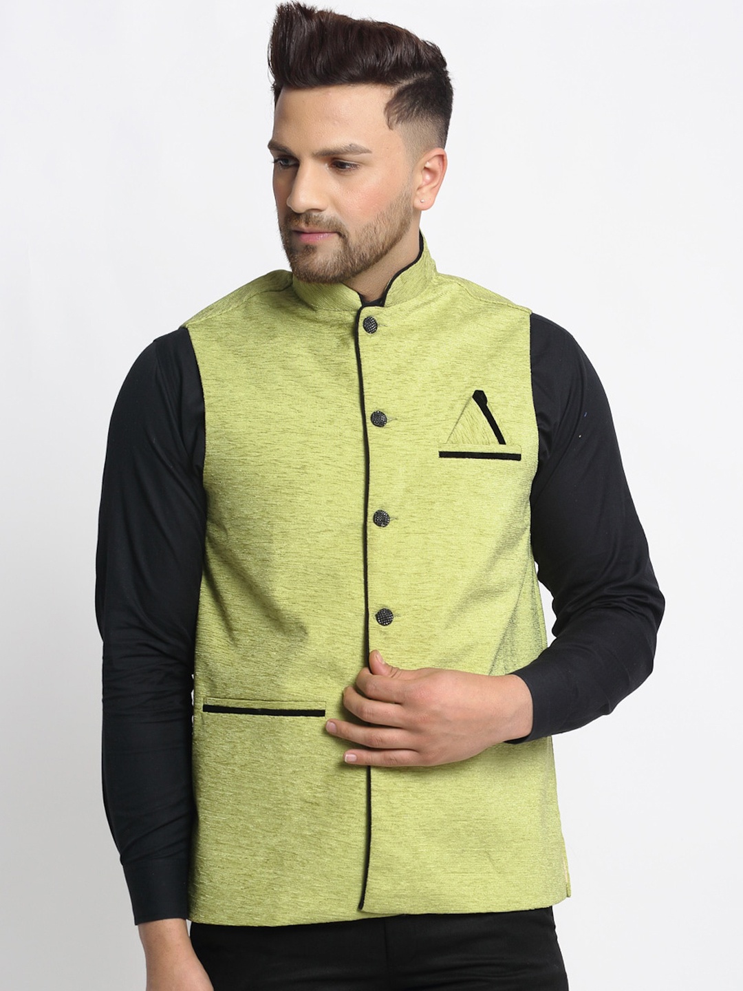 

Jompers Men Lime Green Solid Waistcoat With Black Detailing And Pocket Square