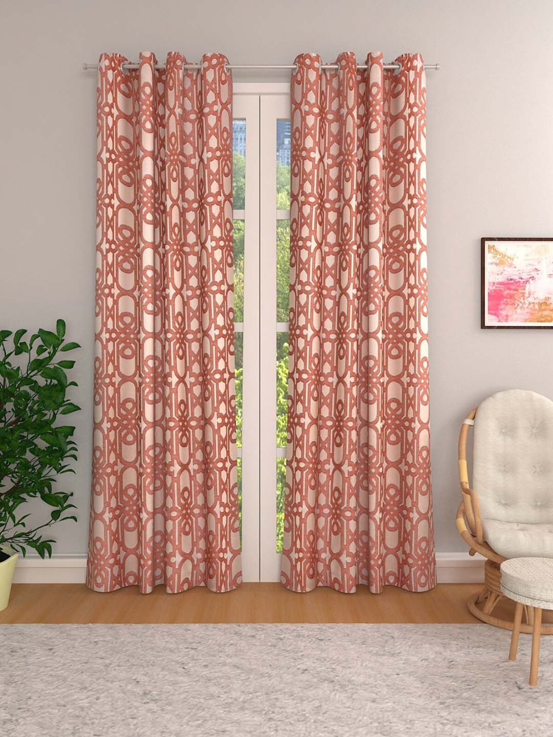 

ROMEE Peach-Coloured & Orange Set of 2 Geometric Room Darkening Door Curtains