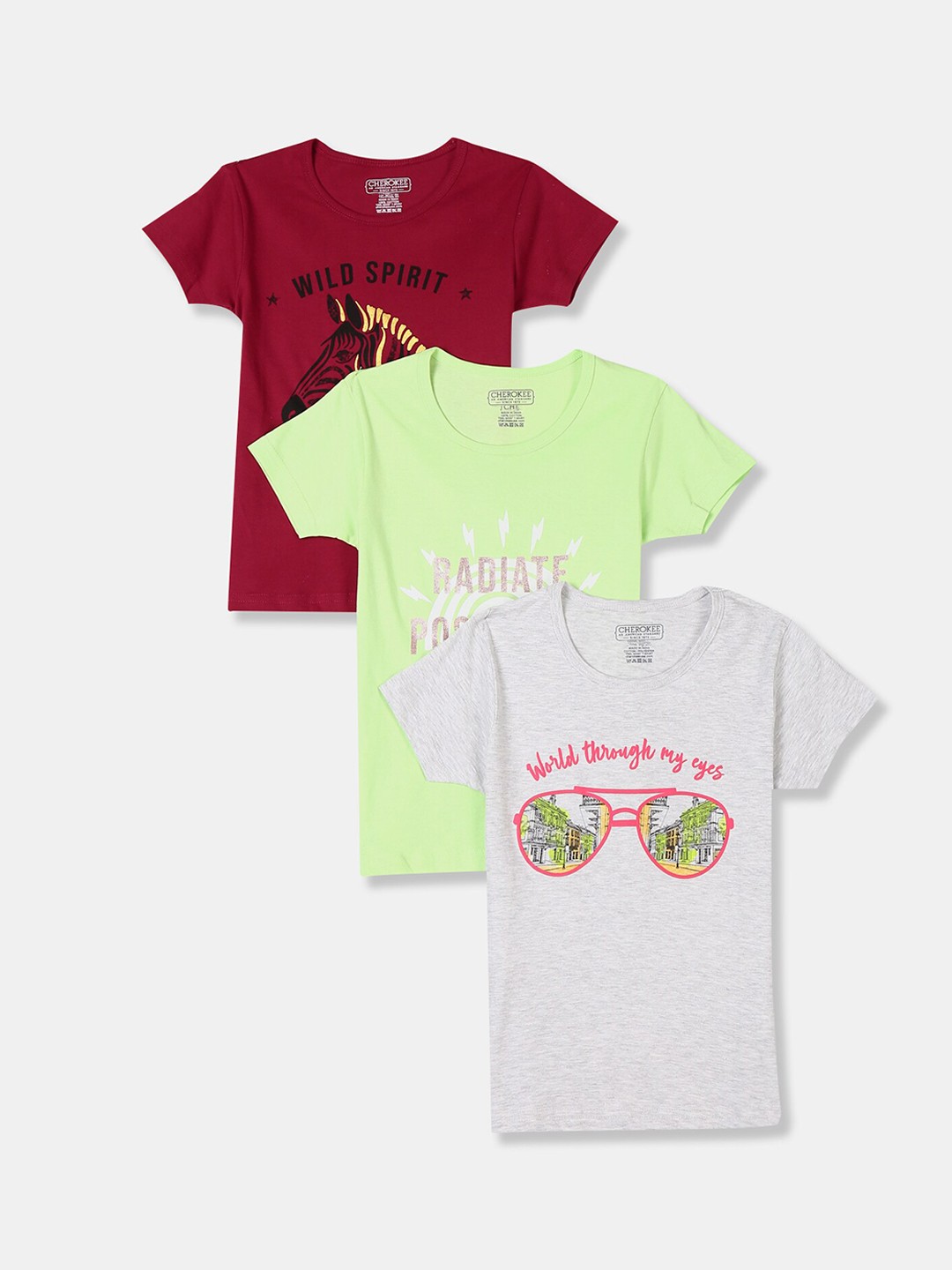 

Cherokee Girls Pack of 3 Printed Round Neck Cotton T-shirts, Maroon