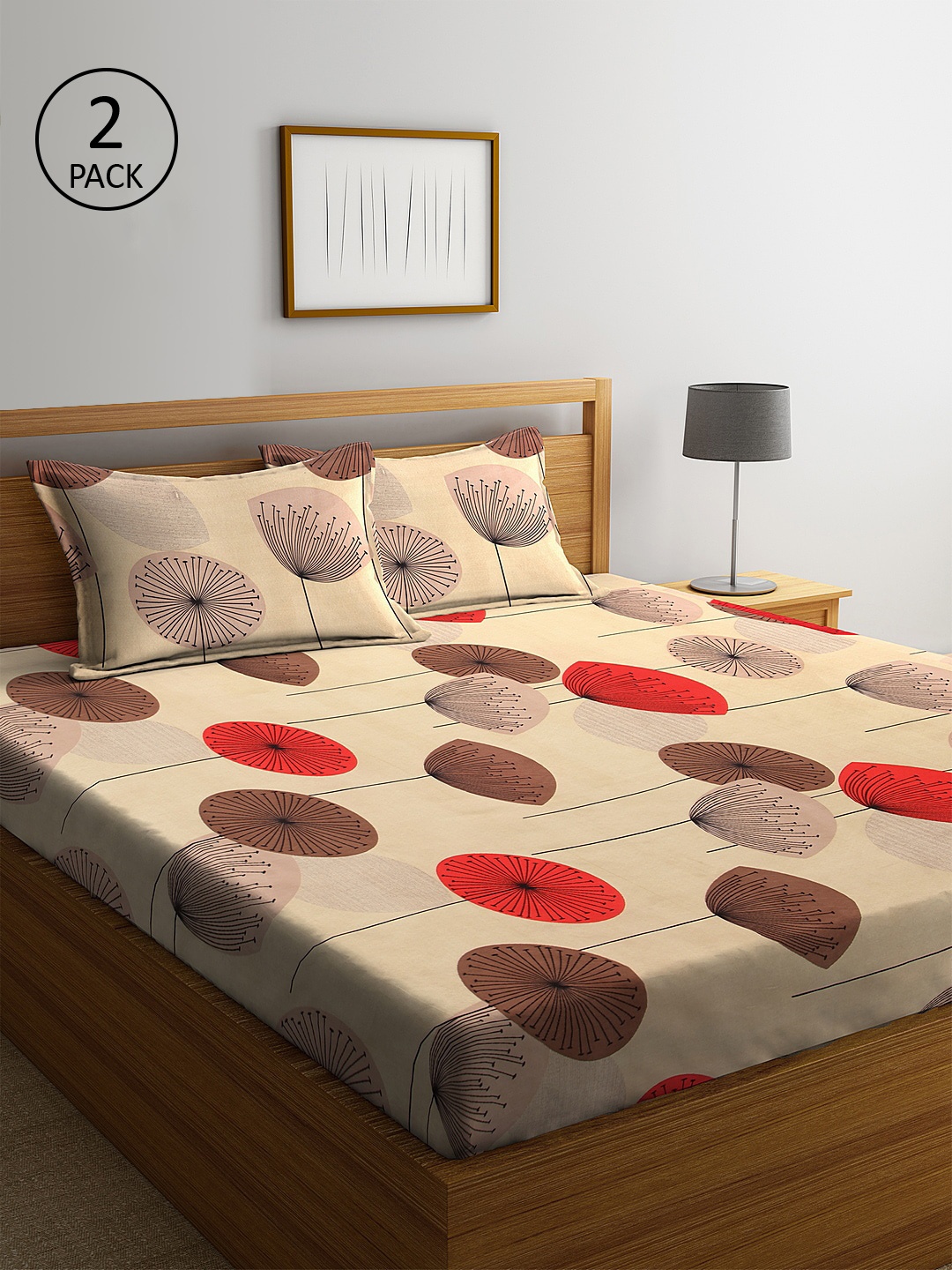 

KLOTTHE Set Of 2 Beige & Red Floral 210 TC Cotton King Bedsheets with 4 Pillow Covers