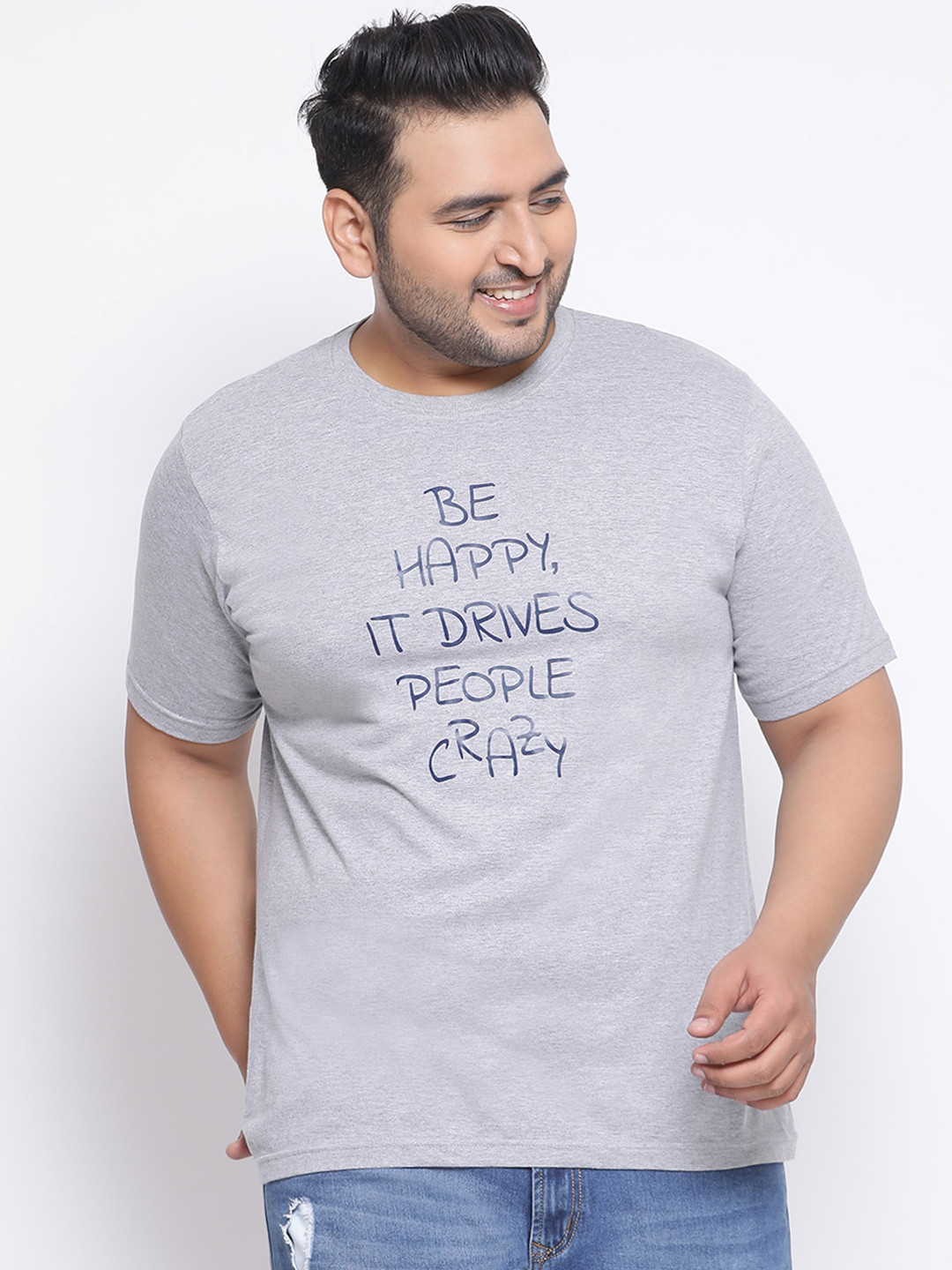 

YOLOCLAN Plus Size Men Grey Solid Round Neck T-shirt
