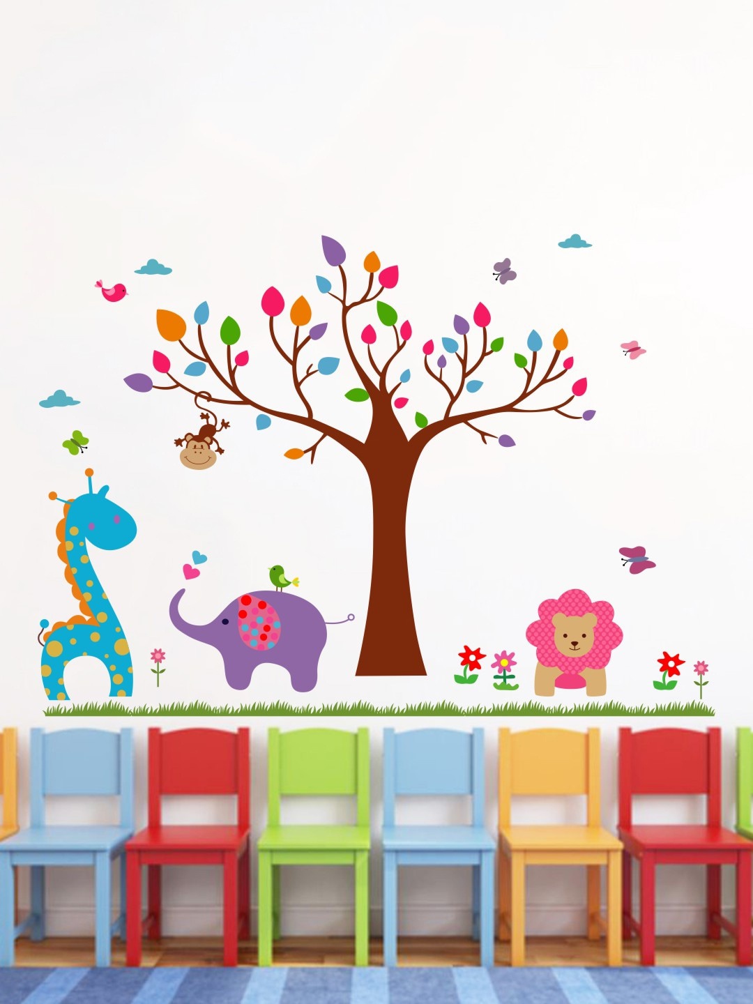 

rawpockets Unisex Brown & Pink Tree With Animals PVC Vinyl Wall Sticker