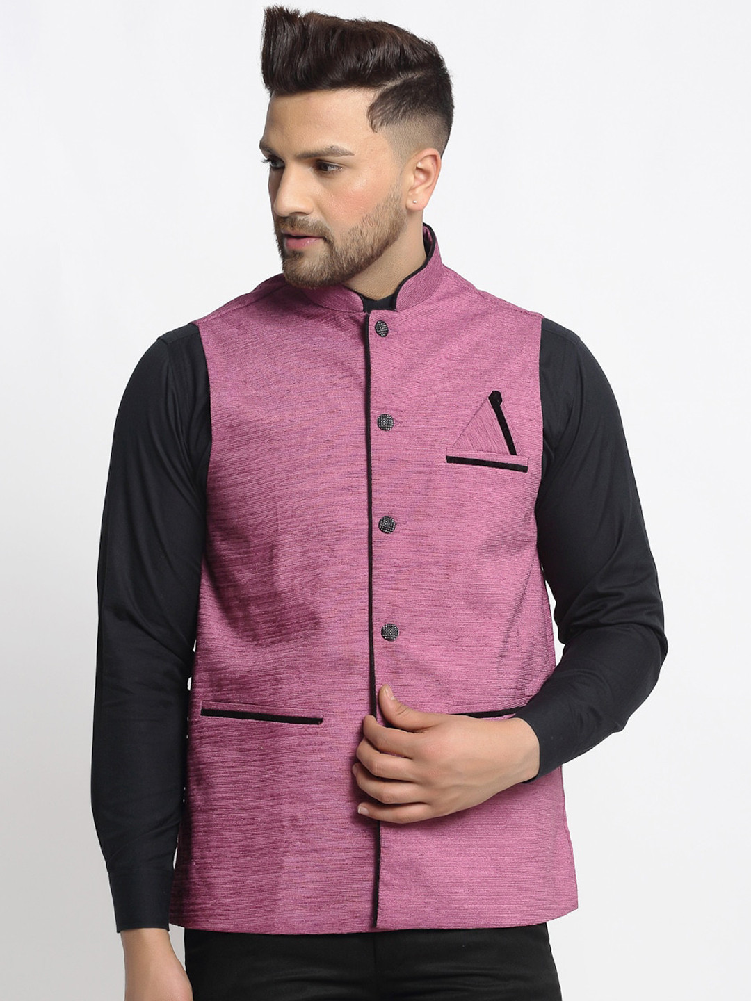 

Jompers Men Purple Solid Nehru Jacket with black detailing and pocket square