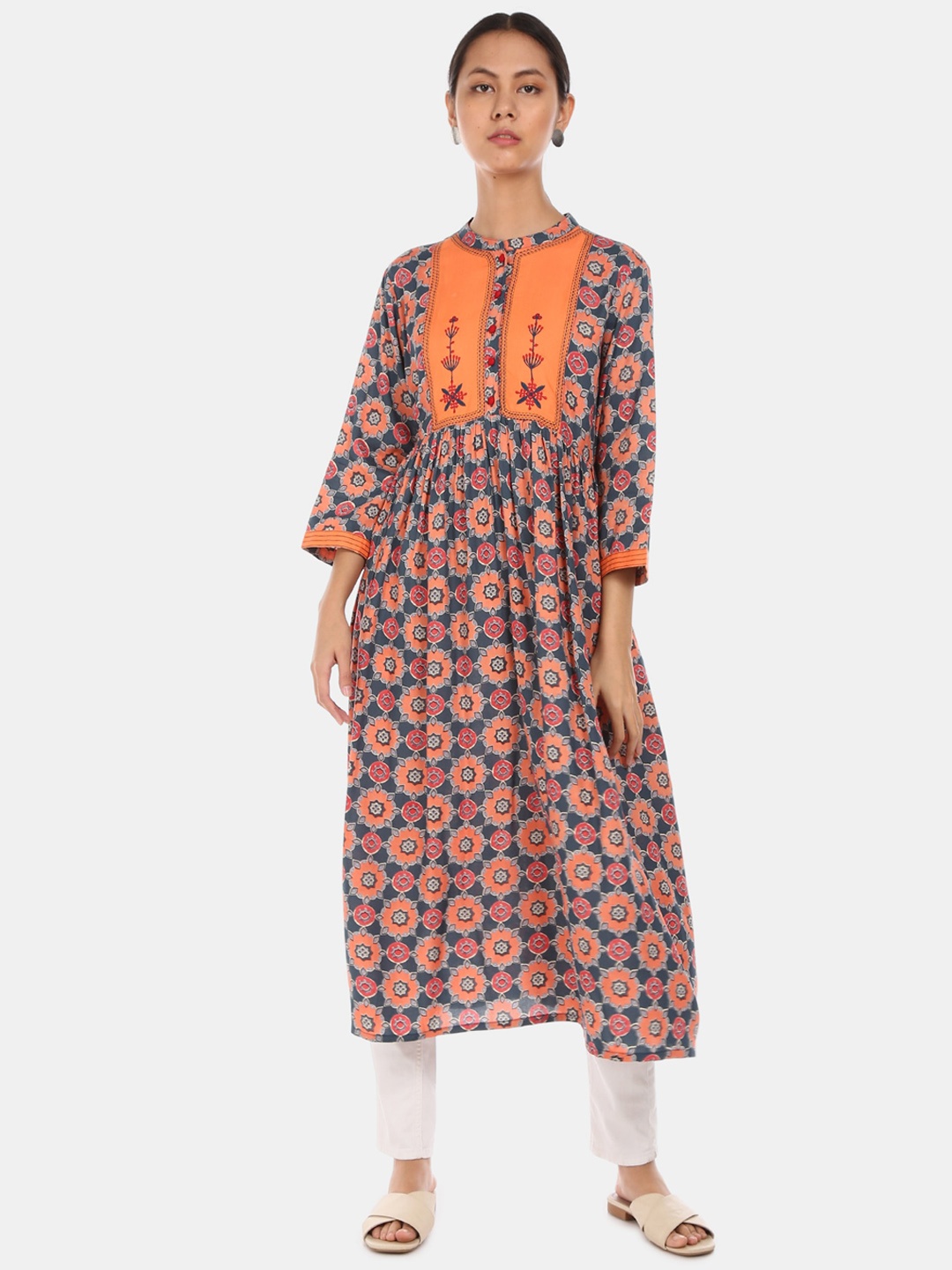 

Karigari Women Navy Blue & Orange Printed A-Line Kurta