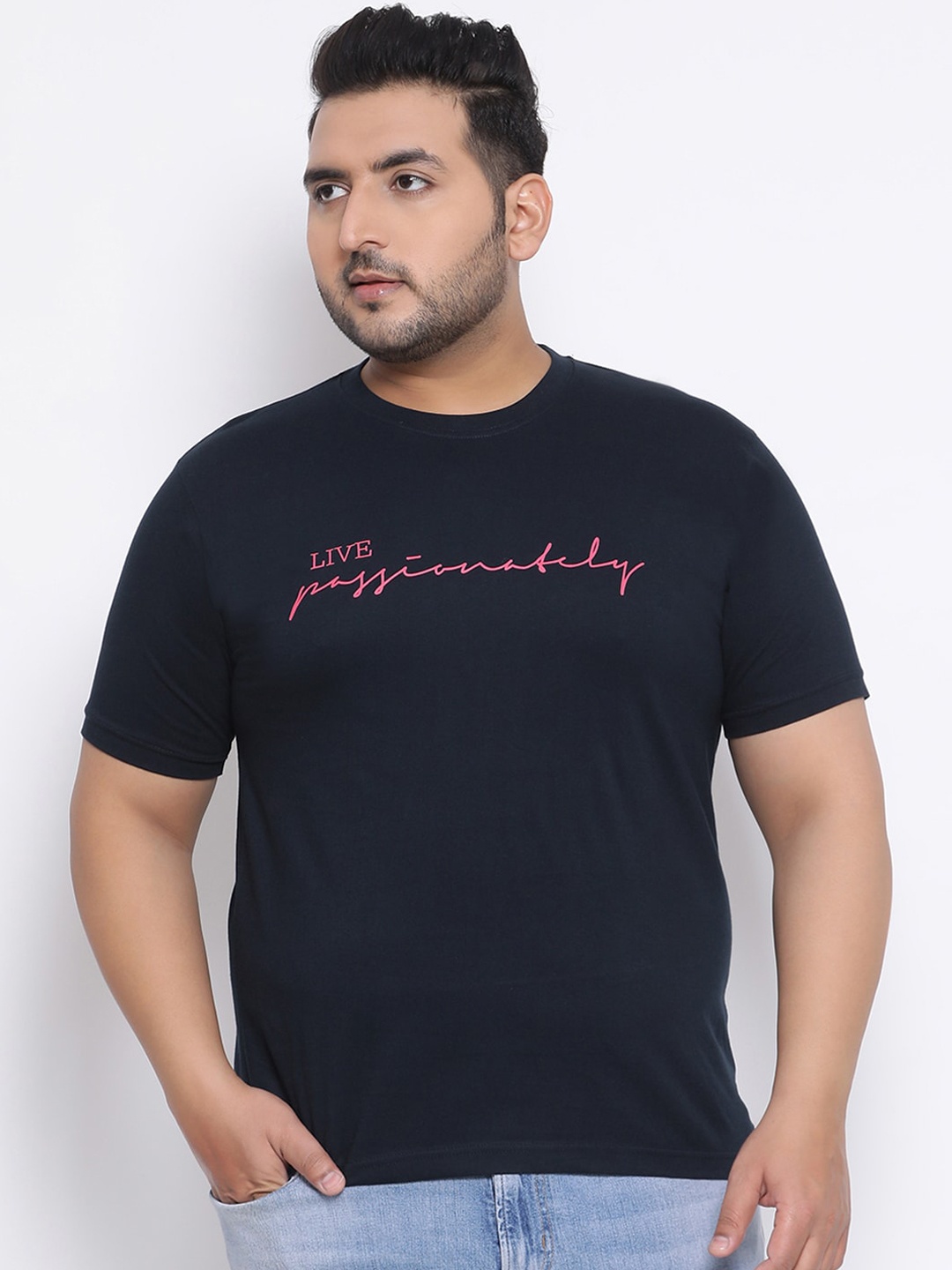 YOLOCLAN Plus Size Men Navy Blue Solid Round Neck T-shirt