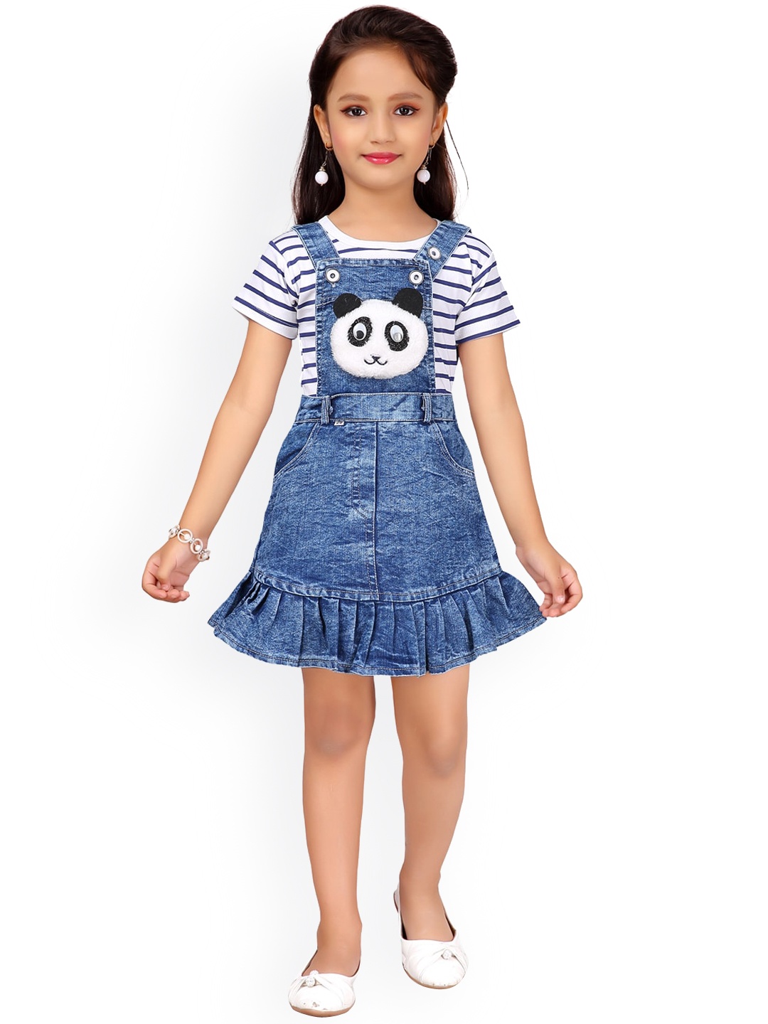 

Aarika Girls White & Blue Striped T-shirt with Dungaree