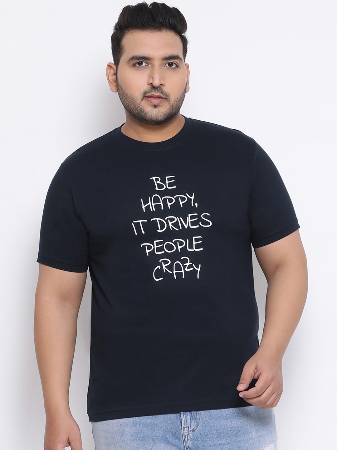 

YOLOCLAN Plus Size Men Navy Blue Printed Round Neck T-shirt