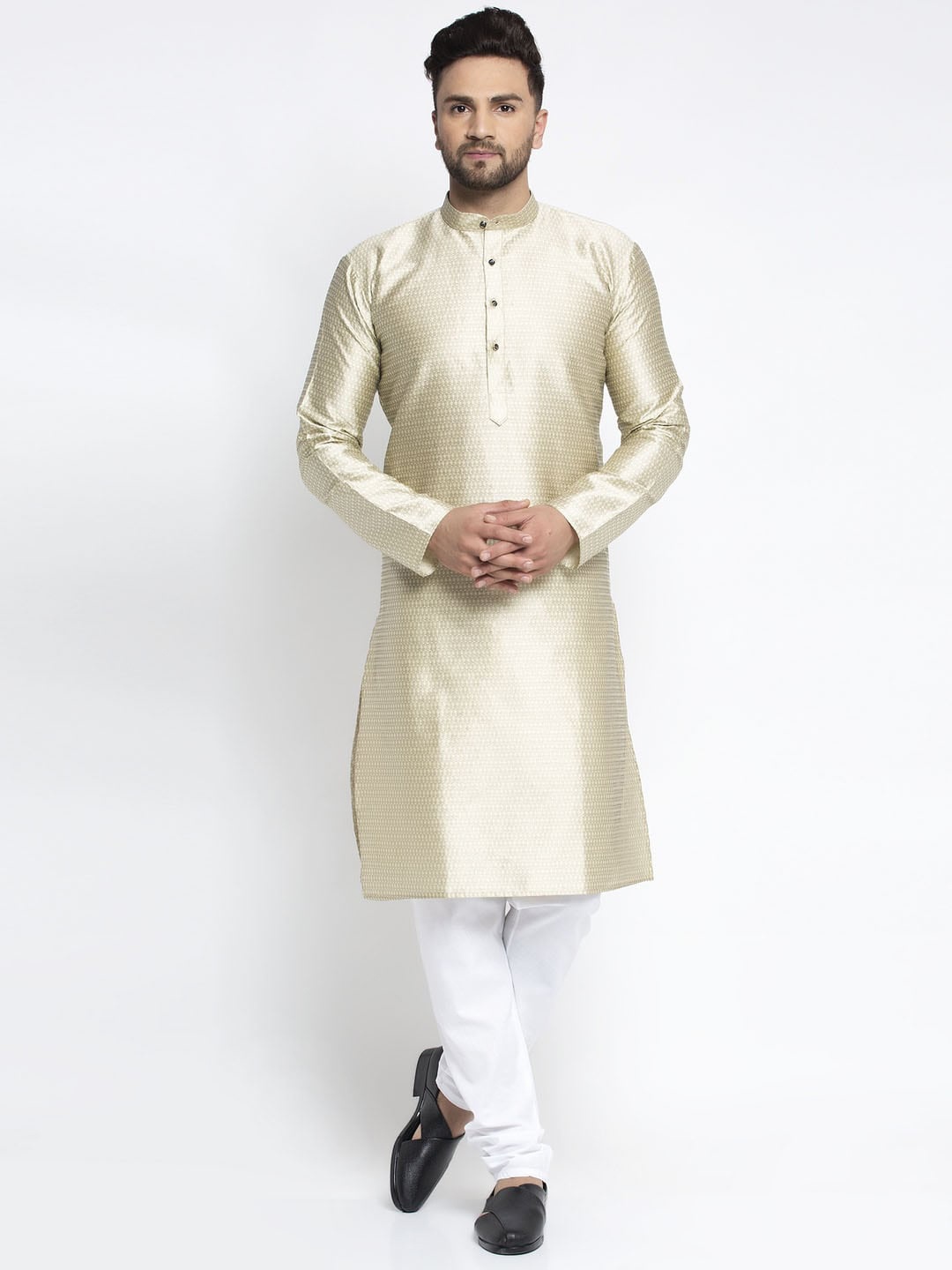 

Jompers Men Beige & White Self Design Kurta with Churidar