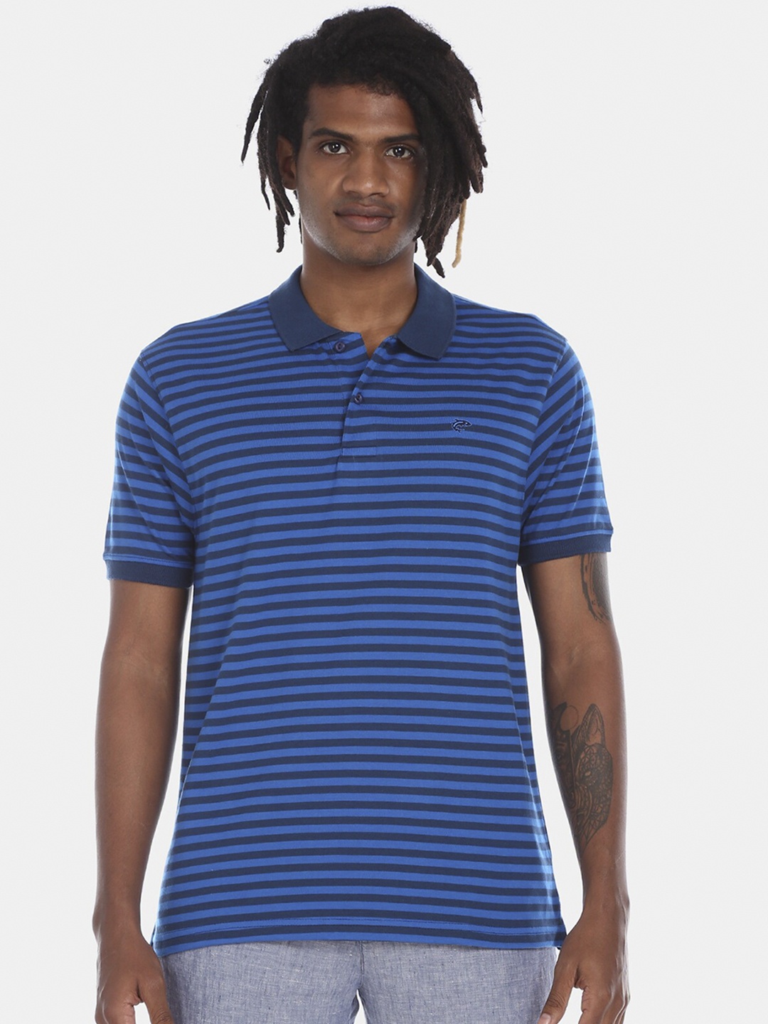

Ruggers Men Blue Striped Polo Collar T-shirt
