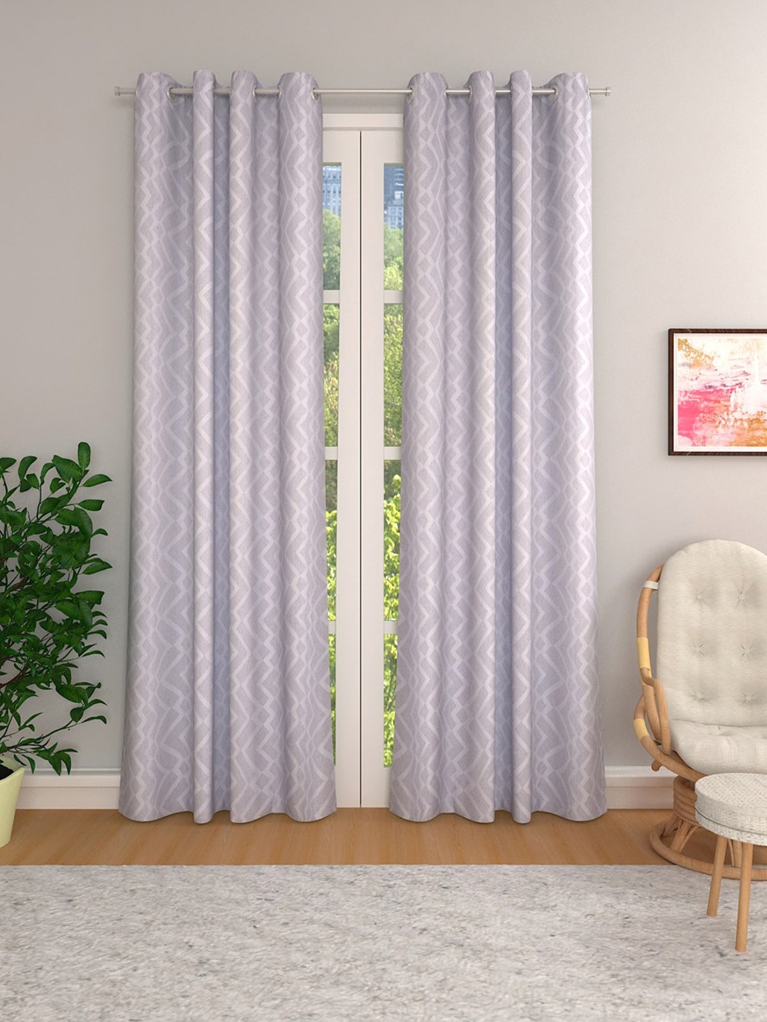 

ROMEE Silver-Toned & Grey Set of 2 Geometric Room Darkening Door Curtains
