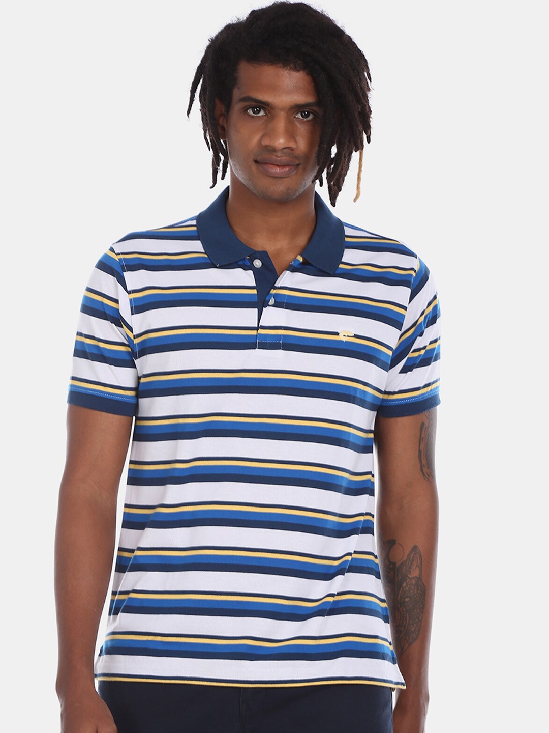 

Ruggers Men White Striped Polo Collar T-shirt