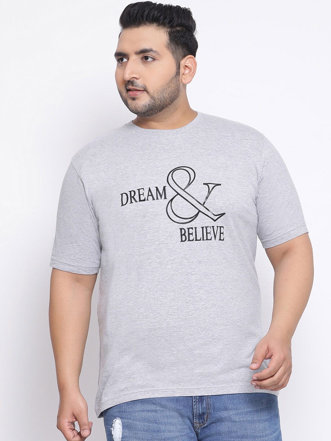 

YOLOCLAN Plus Size Men Grey Printed Round Neck T-shirt