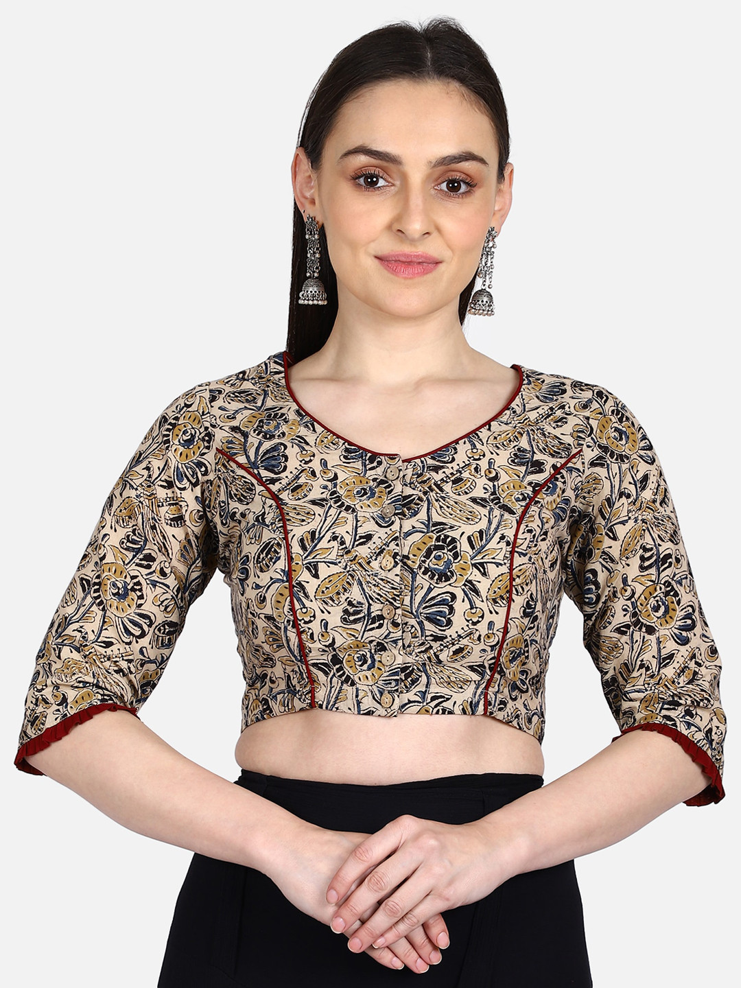 

THE WEAVE TRAVELLER Women Beige & Green Printed Kalamkari Sustainable Saree Blouse