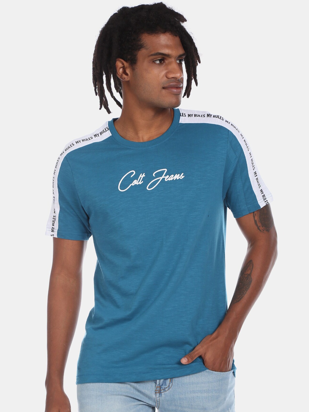 

Colt Men Blue Printed Round Neck Cotton Pure Cotton T-shirt