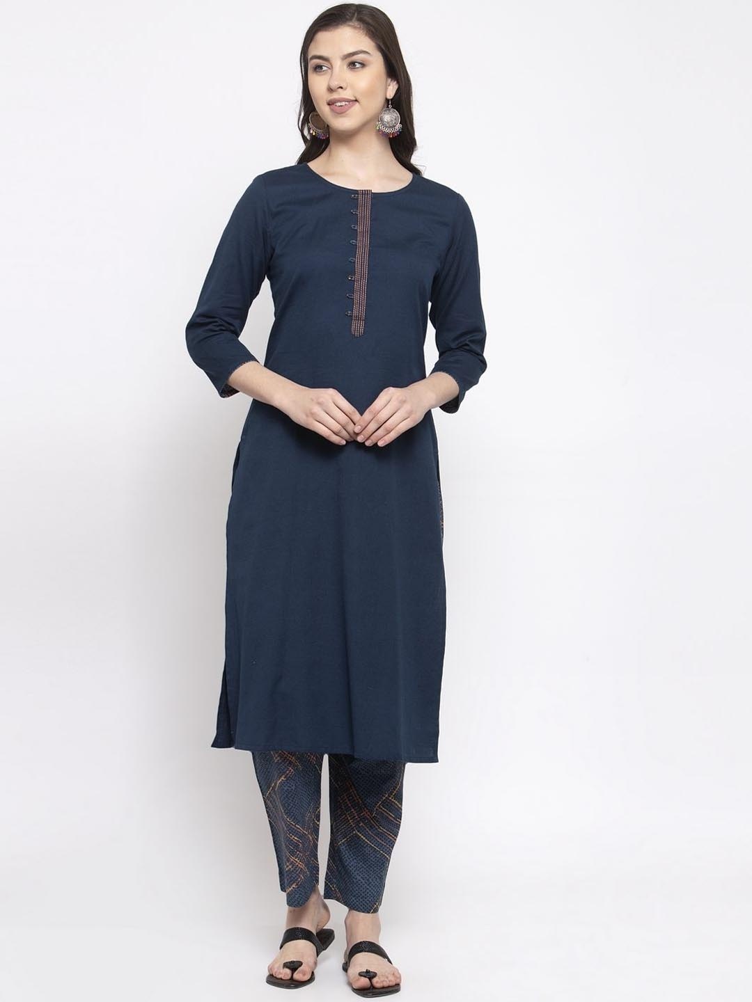 

The Kurta Express Women Navy Blue Solid Kurta with Trousers
