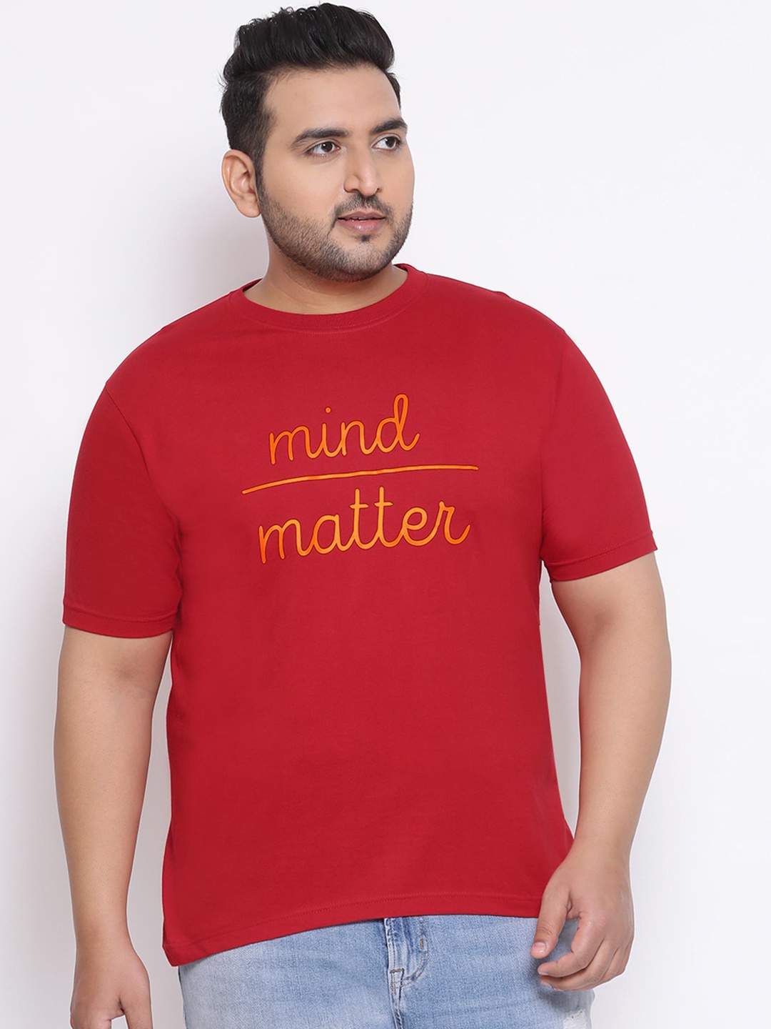 

YOLOCLAN Plus Size Men Red Solid Round Neck T-shirt
