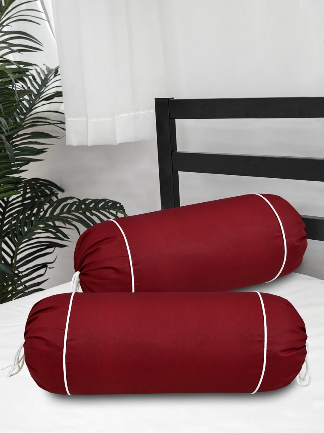 

Clasiko Set Of 2 Maroon & White Solid Bolster Covers