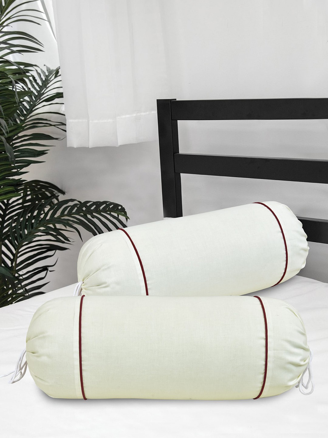 

Clasiko Set Of 2 Off White & Red Solid 300 TC Bolster Covers