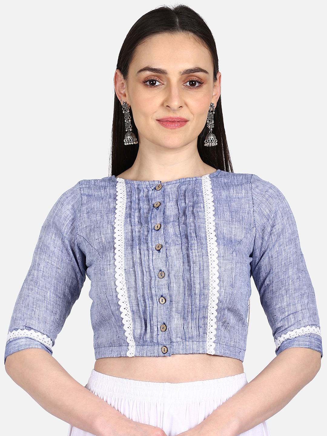 

THE WEAVE TRAVELLER Women Blue & White Woven Design Saree Blouse