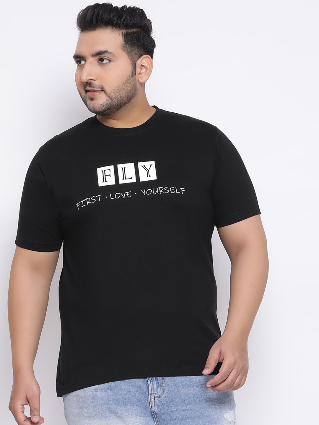 

YOLOCLAN Plus Size Men Black Printed Round Neck T-shirt