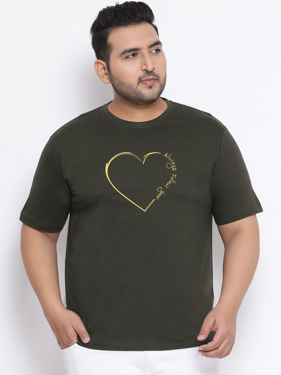 

YOLOCLAN Plus Size Men Olive Green Printed Round Neck T-shirt
