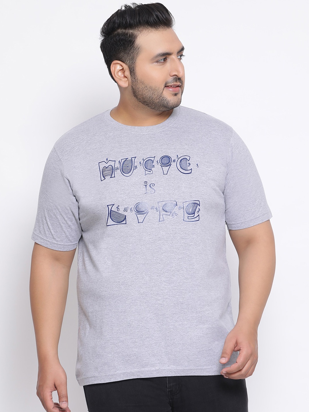

YOLOCLAN Plus Size Men Grey Printed Round Neck T-shirt