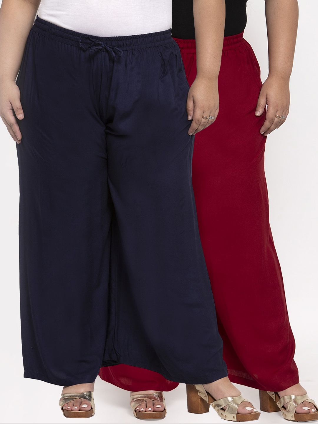 

TAG 7 PLUS Women Pack Of 2 Solid Straight Palazzos, Navy blue