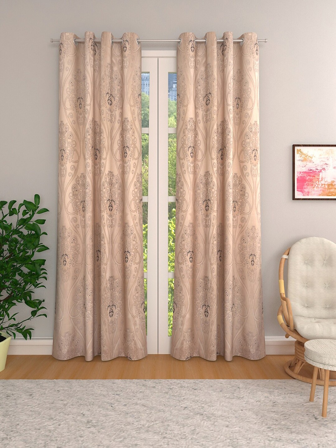 

ROMEE Beige & Grey Set of 2 Ethnic Motifs Room Darkening Door Curtains