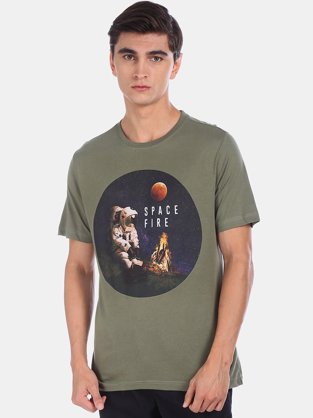 

Colt Men Olive Green Printed Round Neck Cotton Pure Cotton T-shirt