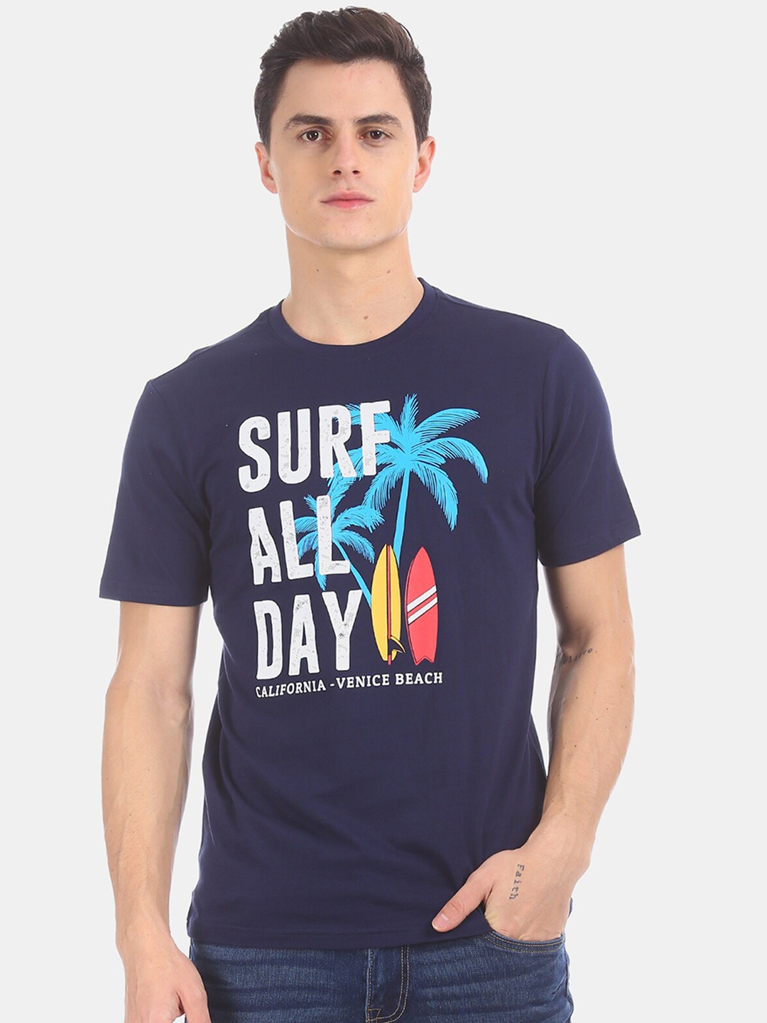 

Colt Men Navy Blue Printed Round Neck Cotton T-shirt