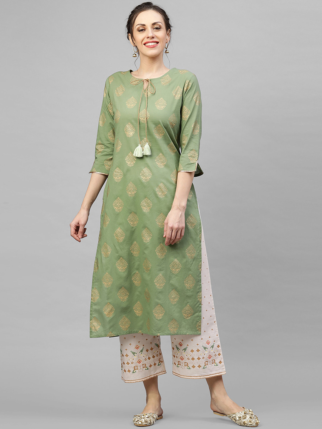 

Indo Era Women Green & Off-White Printed Kurta with Palazzos