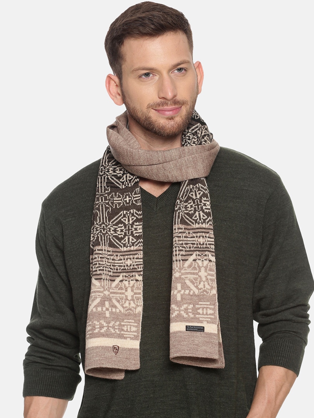 513 Men Brown & Beige Woven-Design Knitted Muffler