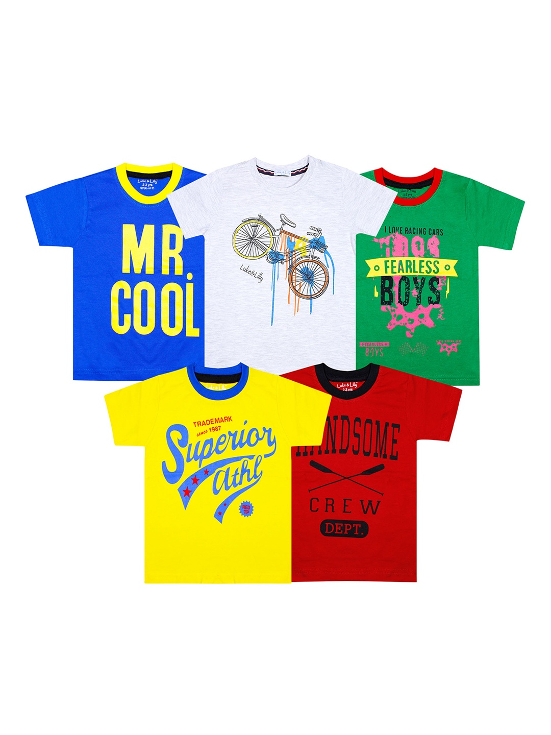 Luke & Lilly Boys Pack Of 5 Multicoloured Printed Round Neck T-shirts, Multi