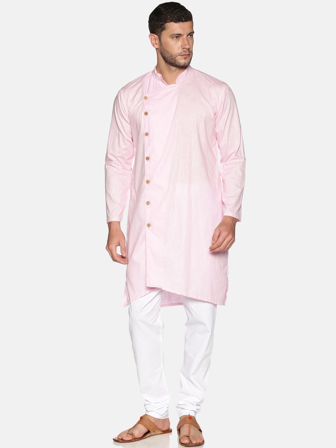 

Sethukrishna Men Pink Solid Angrakha Cotton Straight Kurta
