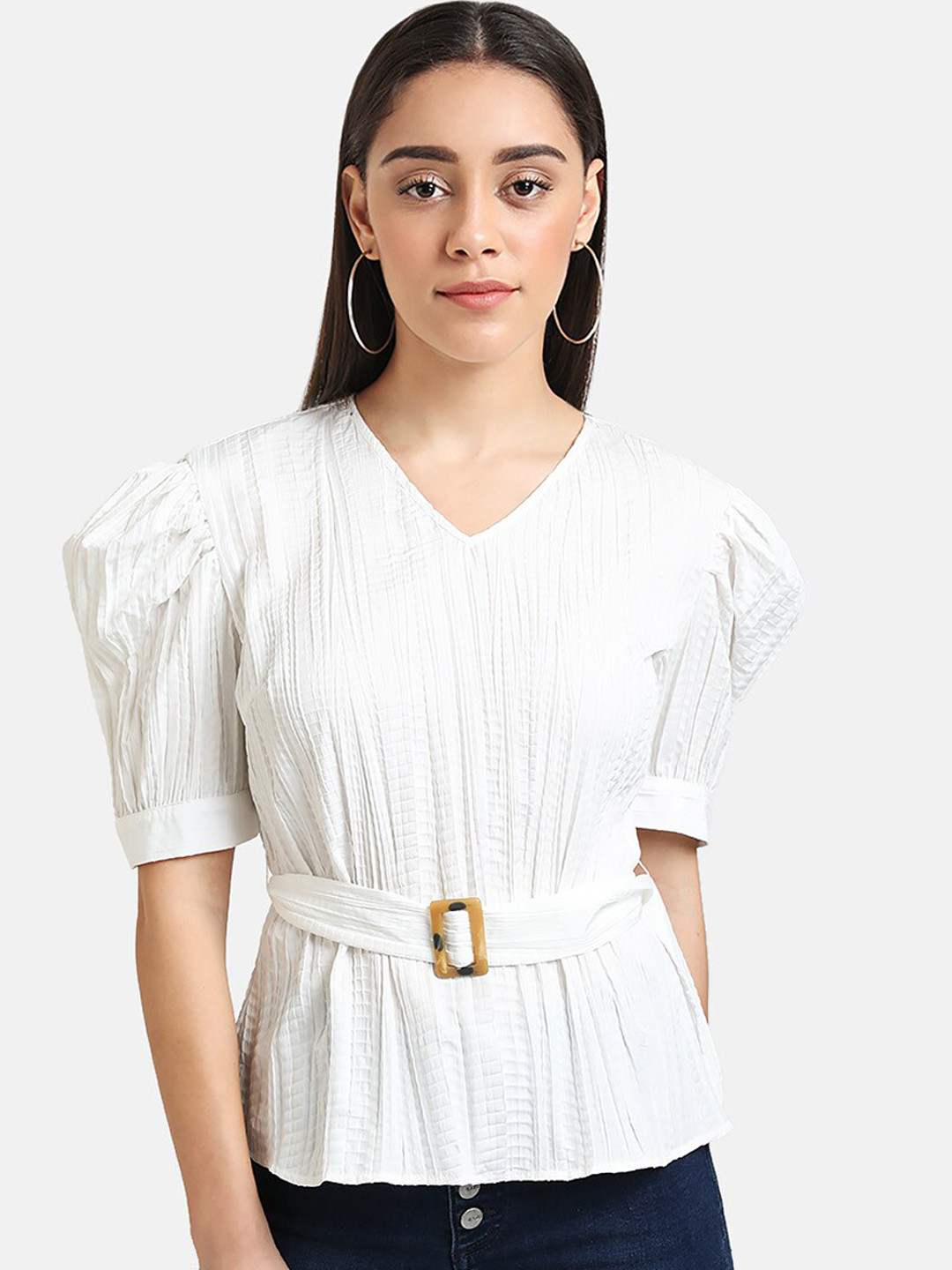 

Kazo Women White Solid Cinched Waist Top