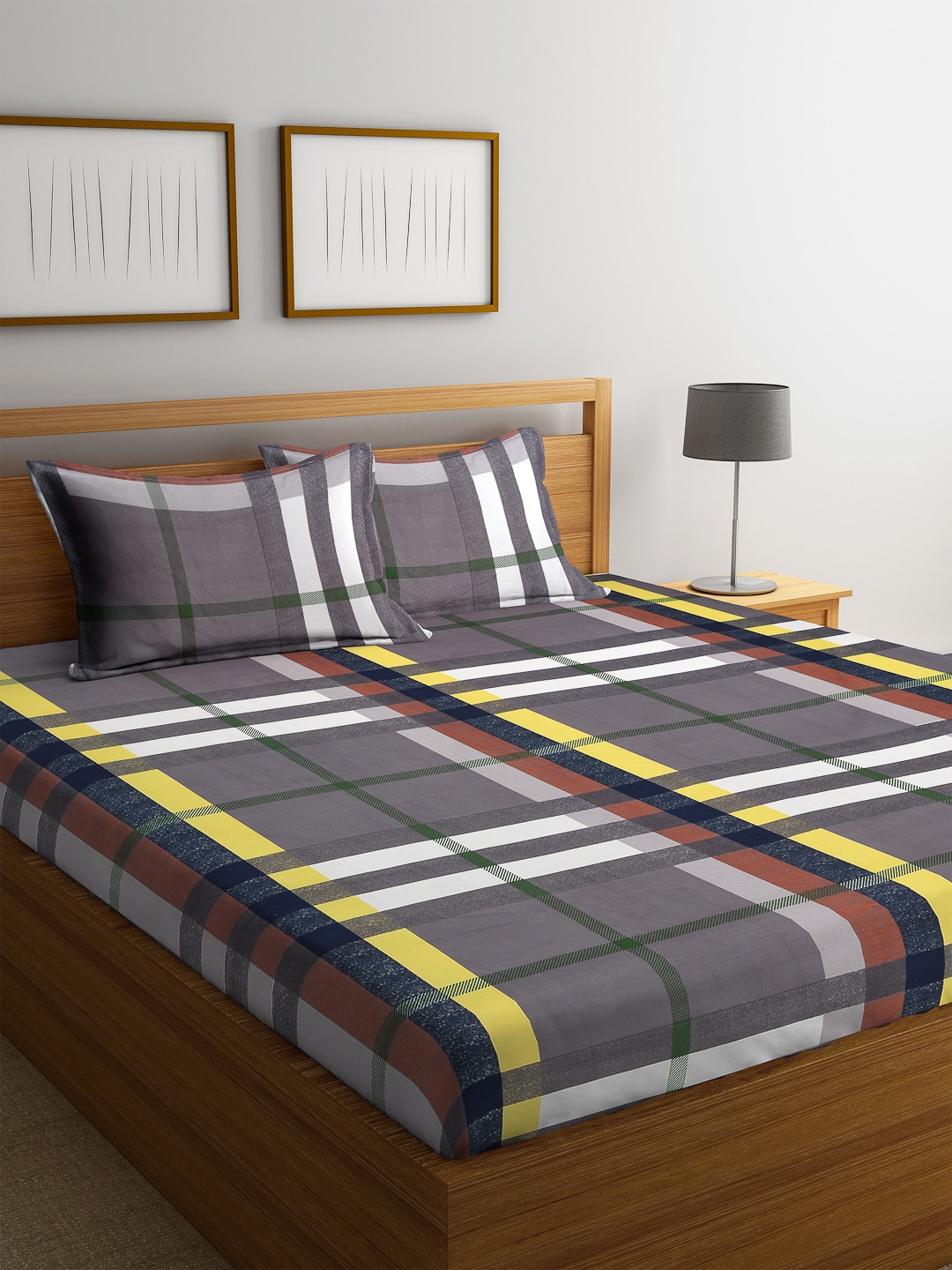 Home Sizzler Grey & Yellow Geometric 144TC Polyester 1 Queen 1 Bedsheet with2Pillow Covers