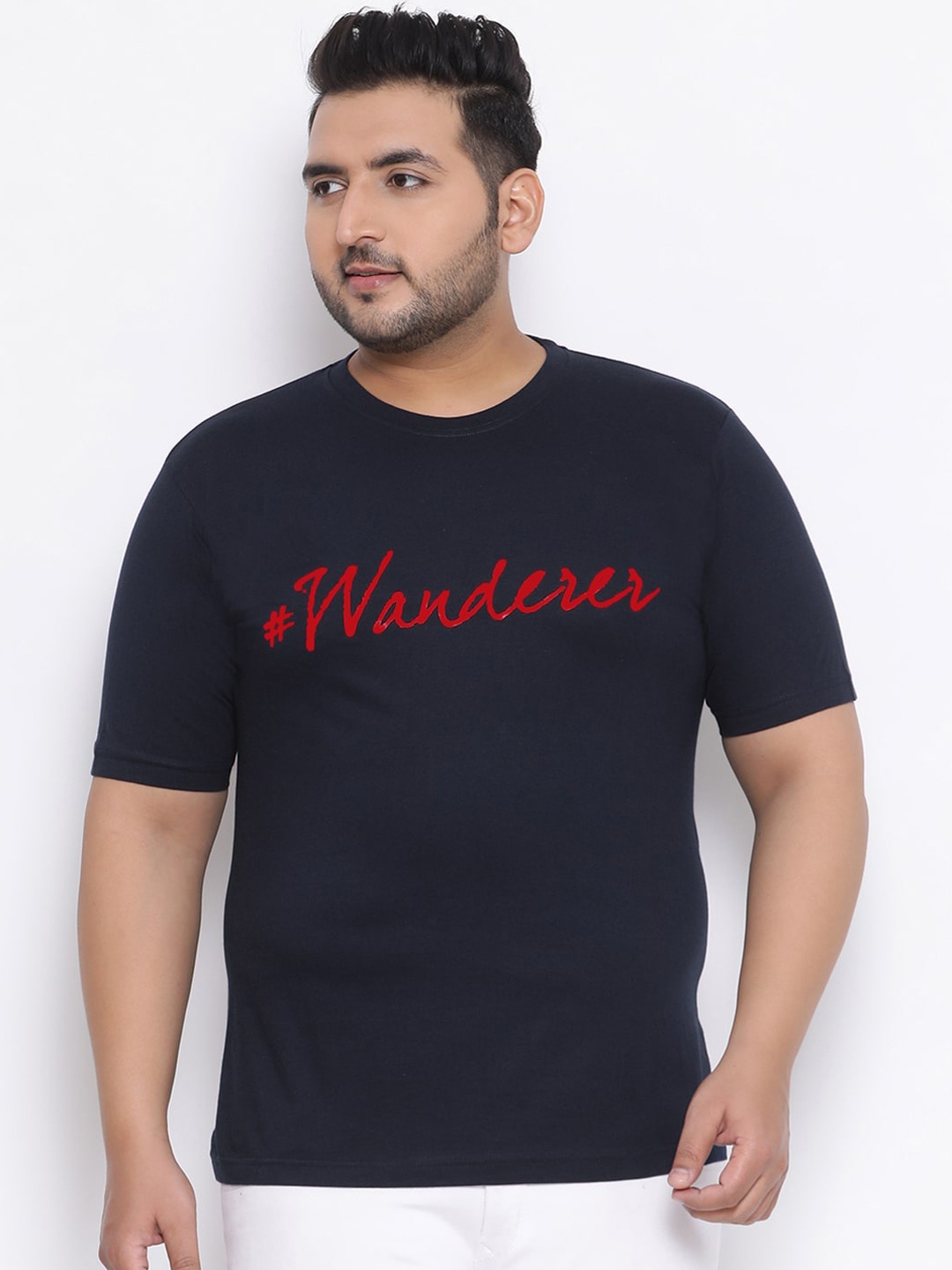 

YOLOCLAN Plus Size Men Navy Blue Printed Round Neck T-shirt