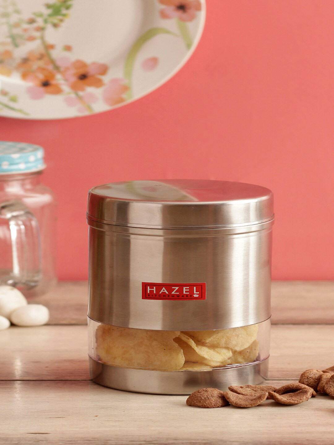 

HAZEL Set Of 2 Silver-Toned & Transparent Stainless Steel Transparent Wide Mouth See Through Container 700 ml
