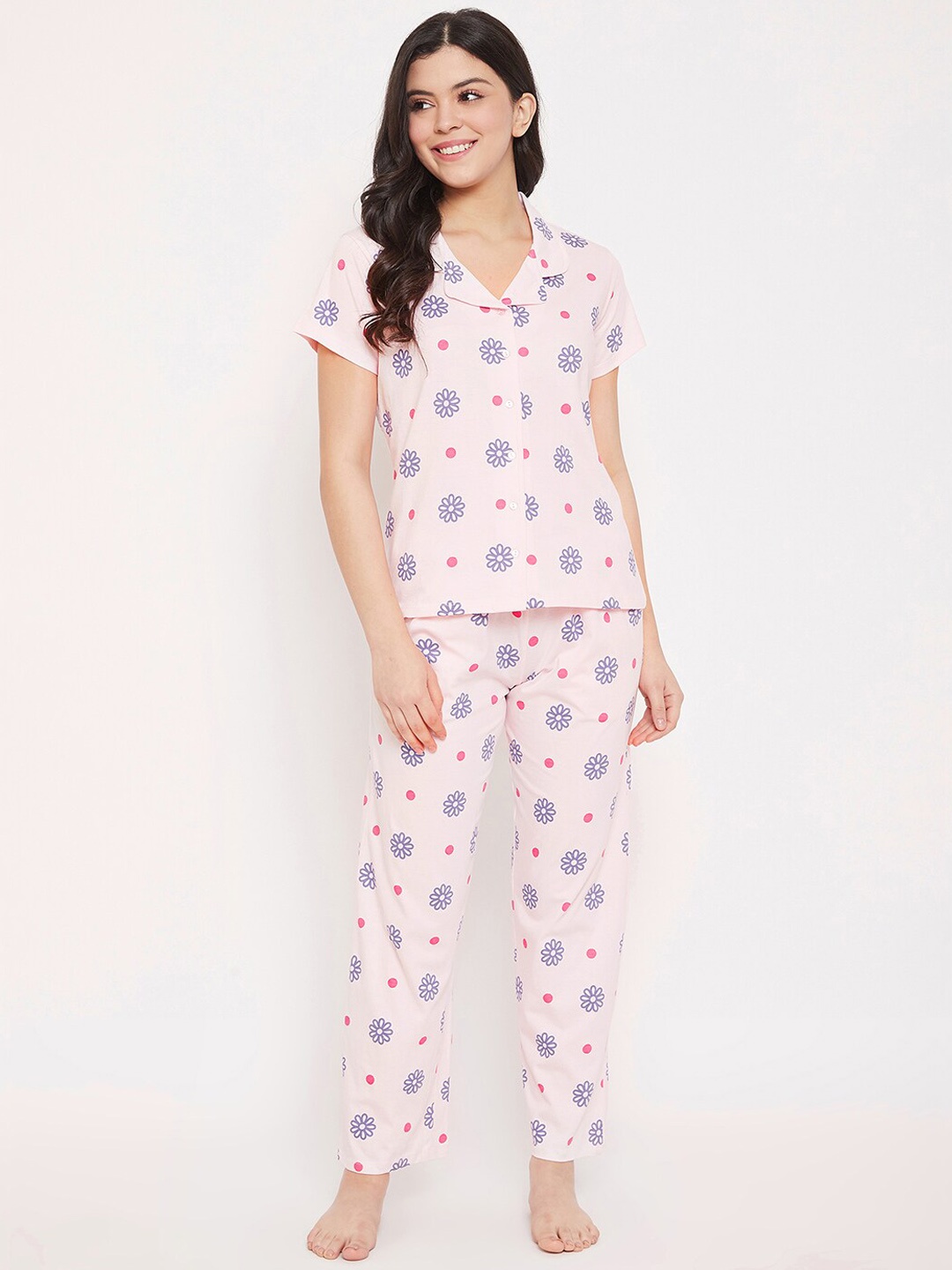 

Clovia Women Pink & Floral Printed Night Suit