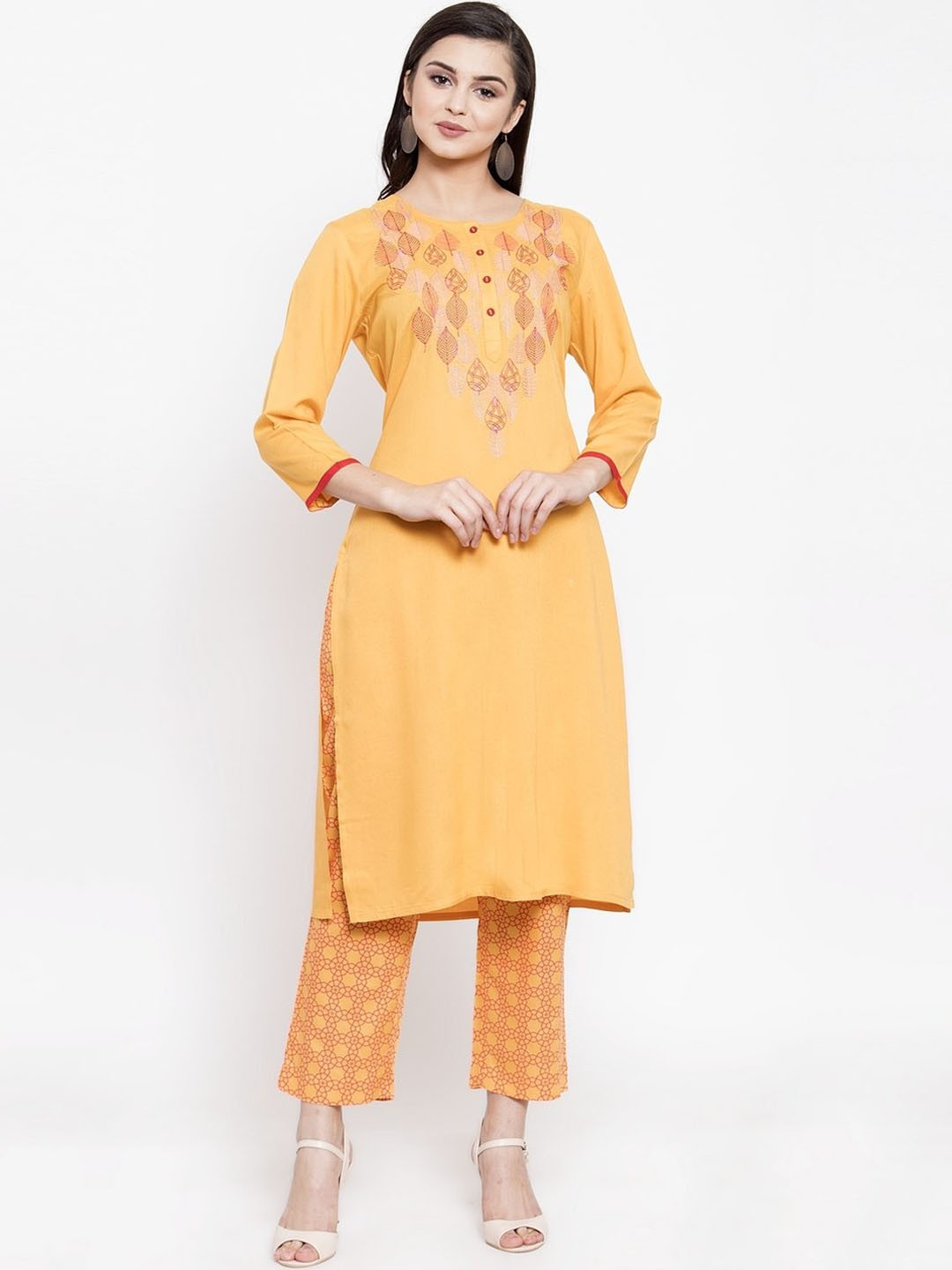 

The Kurta Express Women Yellow Yoke Design Kurta with Trousers