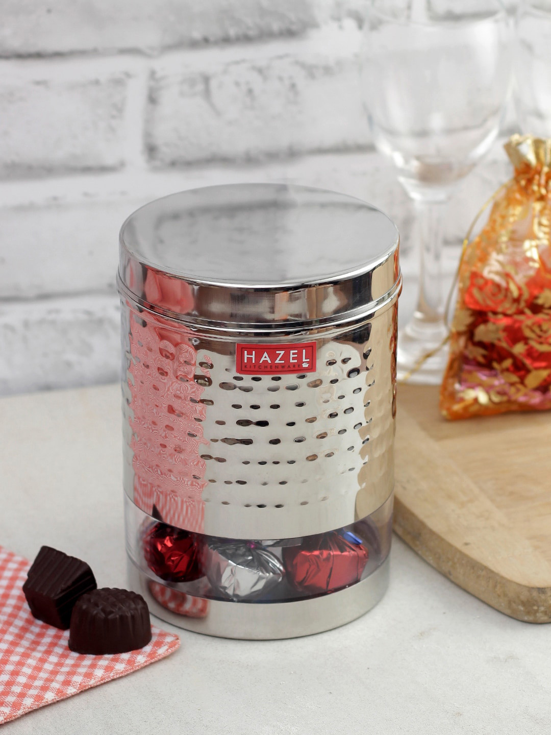 

HAZEL Set Of 3 Silver-Toned & Transparent Stainless Steel Hammered Finish See Through Container 1350 ML