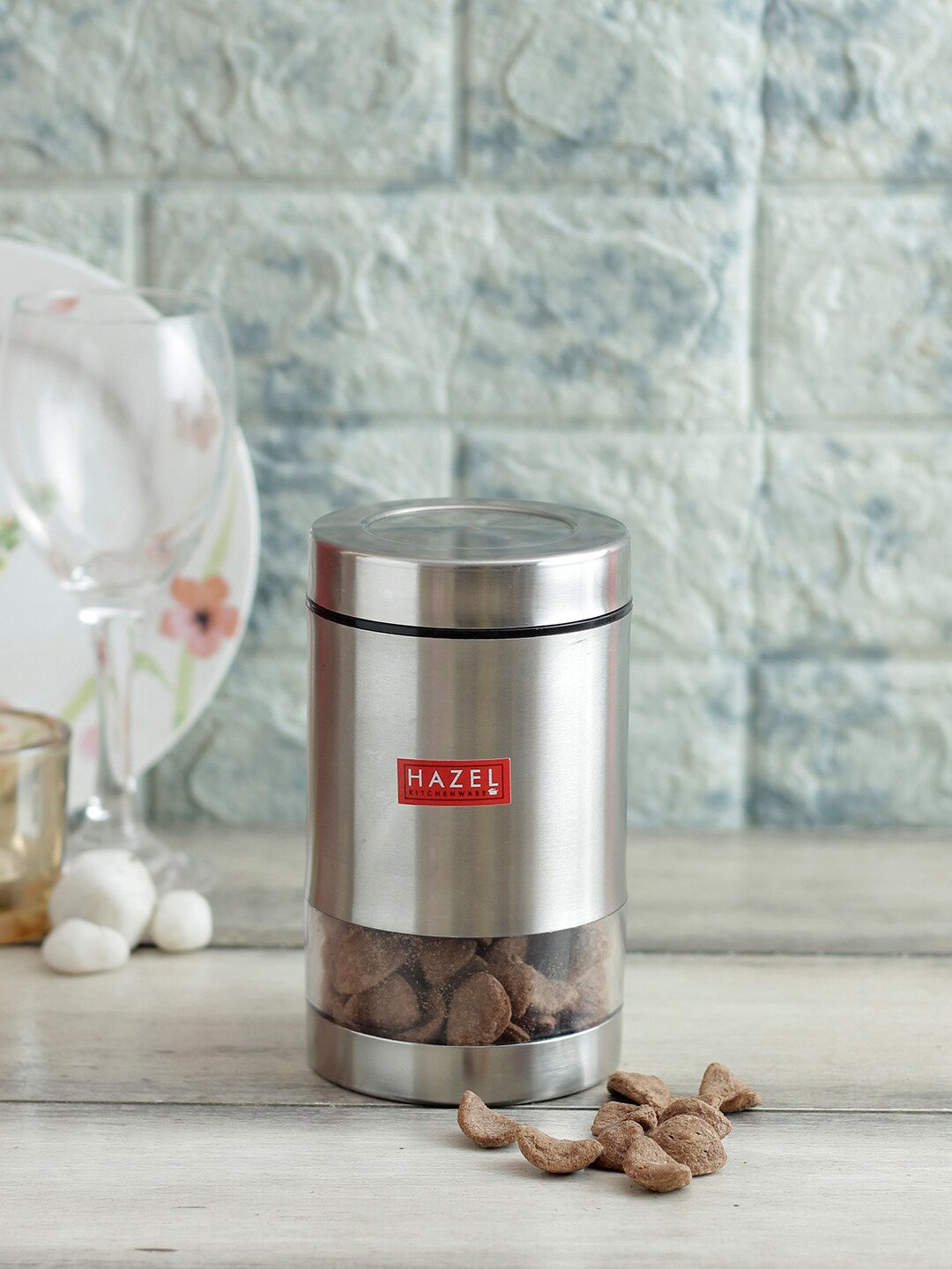 HAZEL Silver-Toned & Transparent Stainless Steel Transparent Wide Mouth See Through Container 700 ml