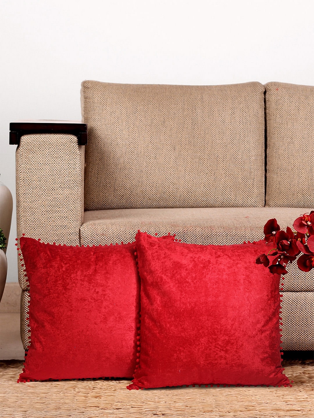 

HOSTA HOMES Red Set of 2 Solid Square Cushion Covers