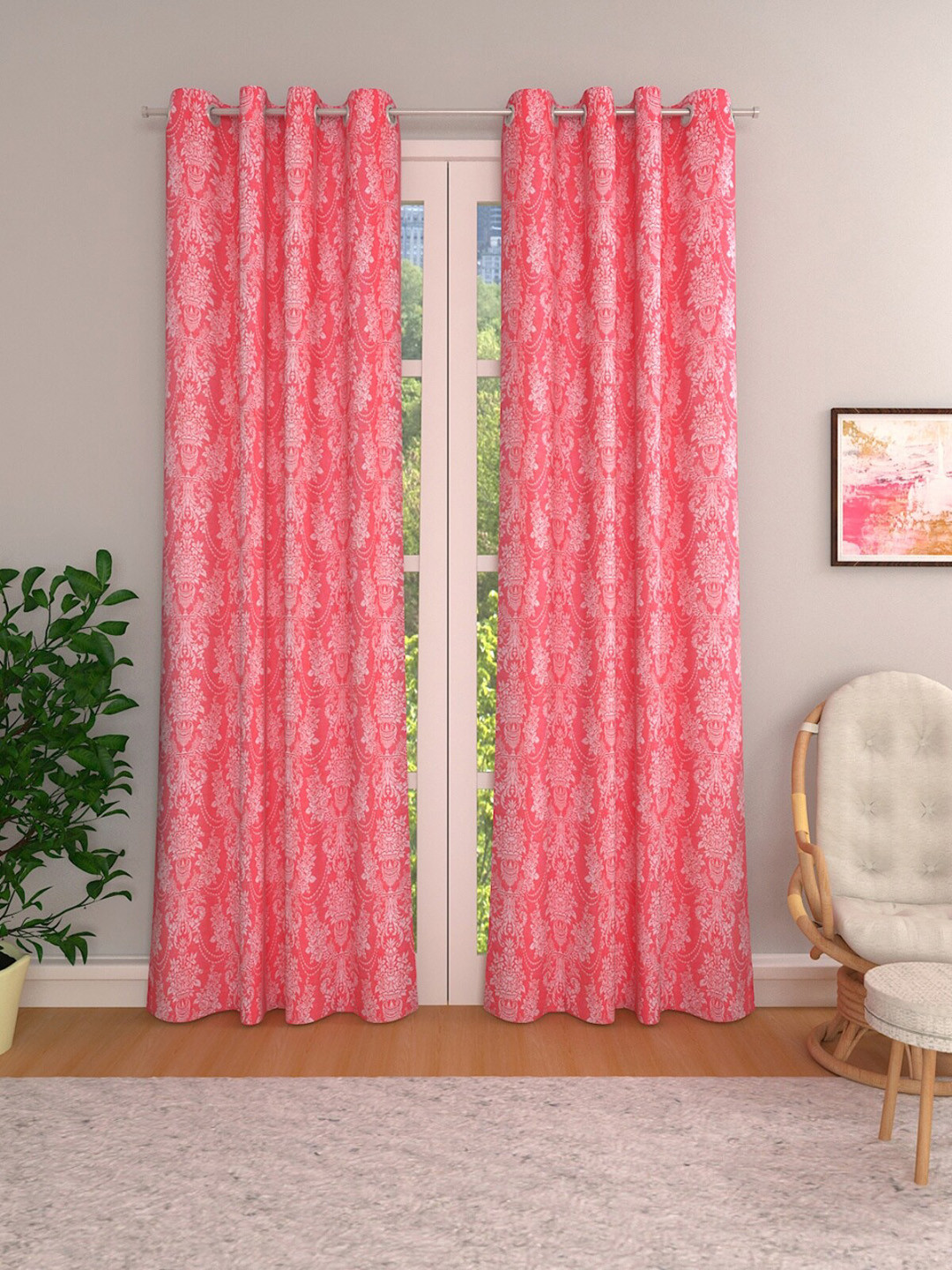 

ROMEE Pink & White Set of 2 Ethnic Motifs Room Darkening Door Curtains