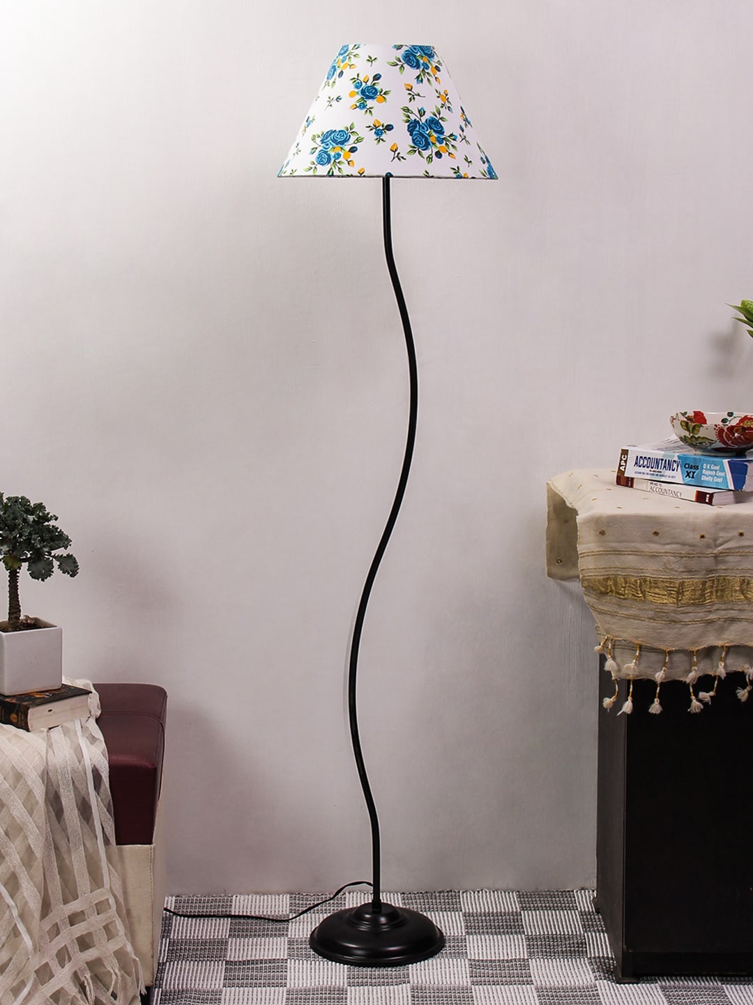 

Devansh White & Blue Printed Conical Curvy Cotton Shade Club Lamp
