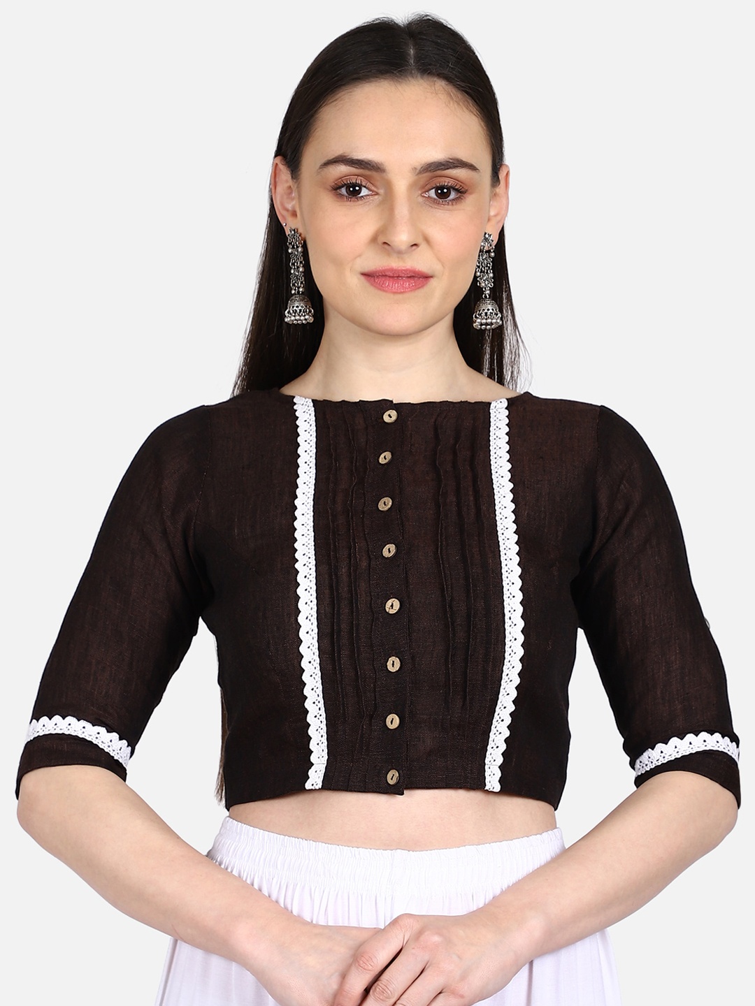

THE WEAVE TRAVELLER Women Brown & White Solid Non-Padded Readymade Saree Blouse