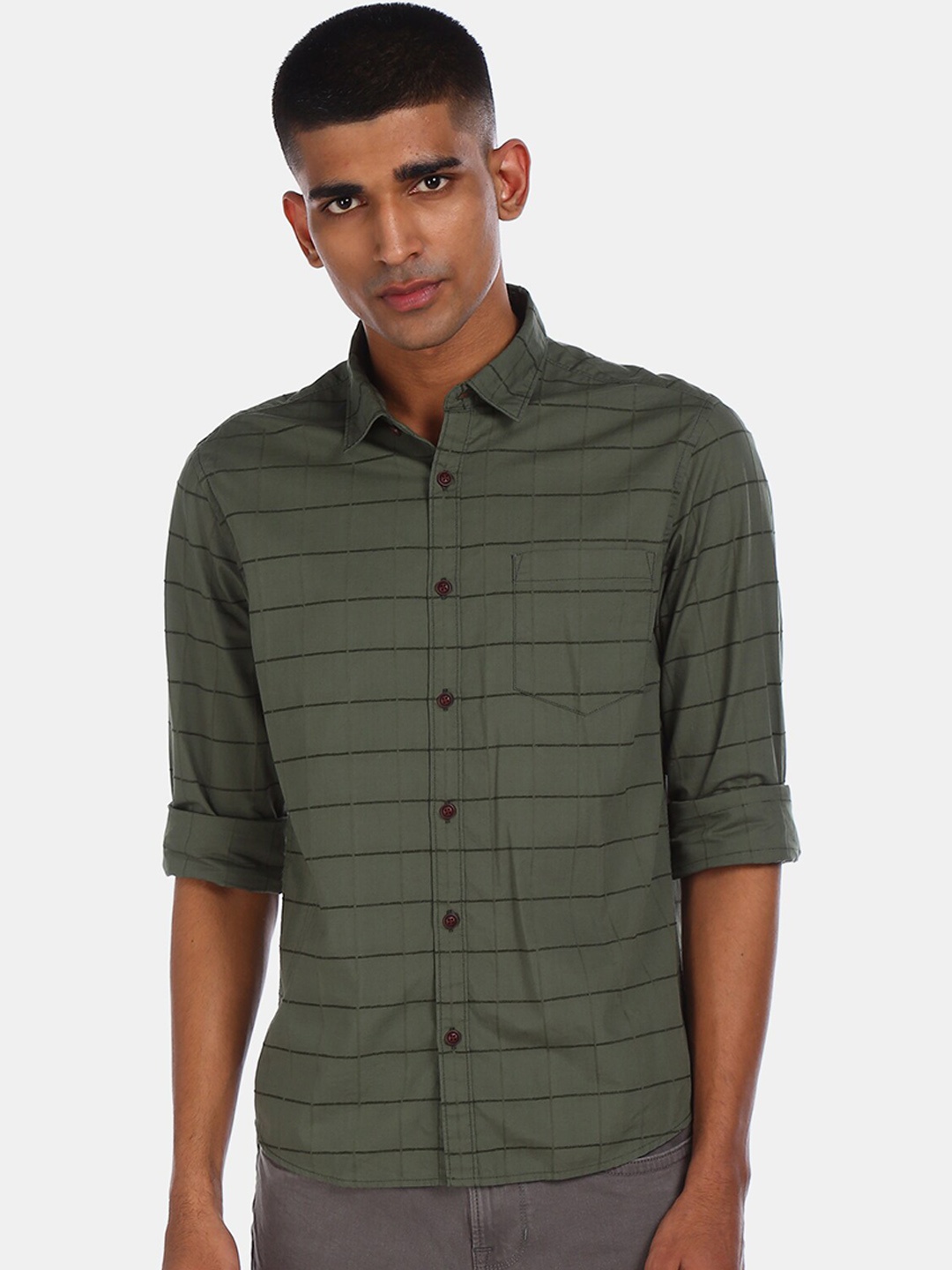 

Ruggers Men Olive Green Regular Fit Striped Cotton Casual Shirt